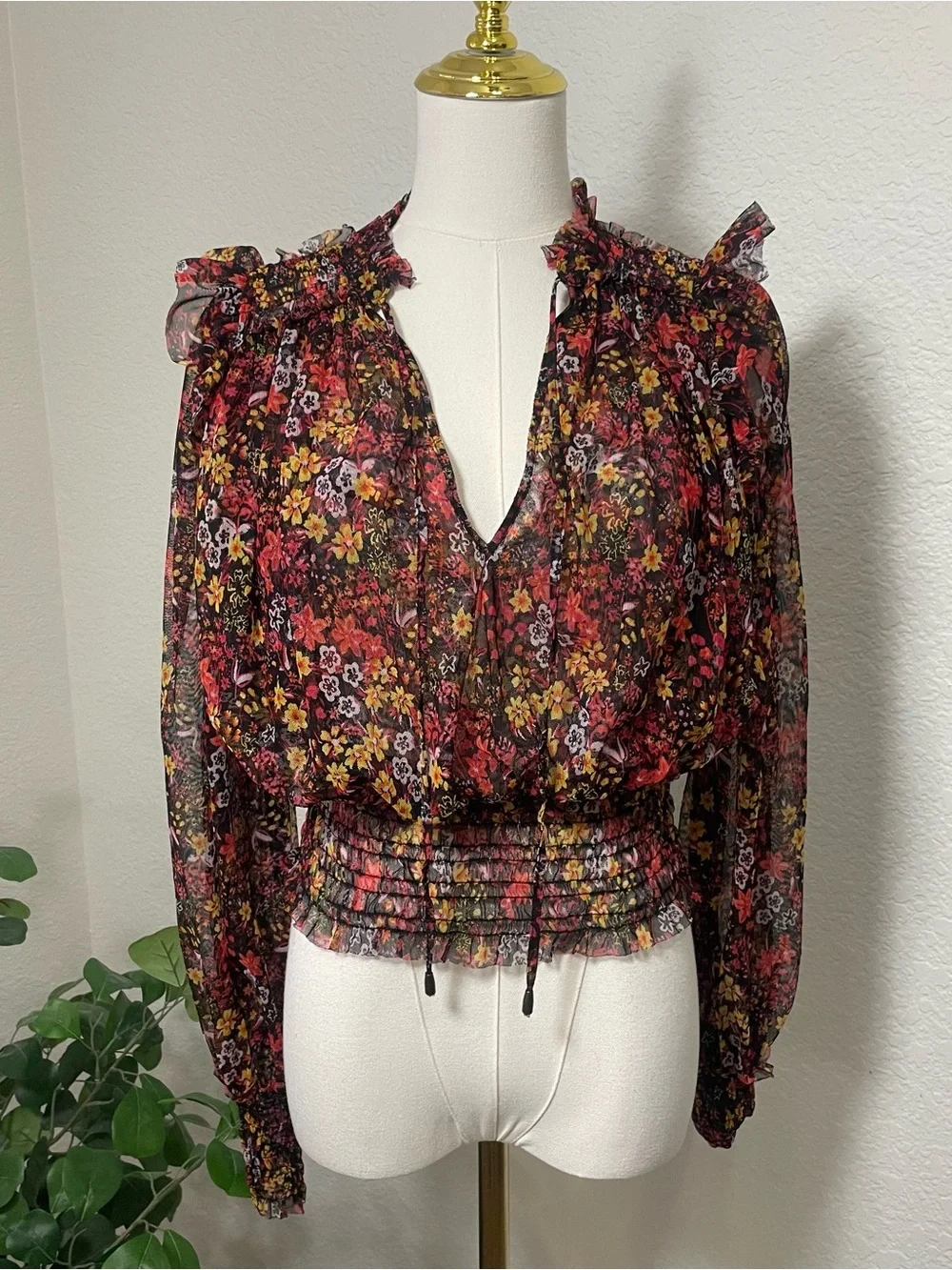 Free People Twyla Sheer Floral Mesh Smocked Blouse Ruffle Shoulder Size L